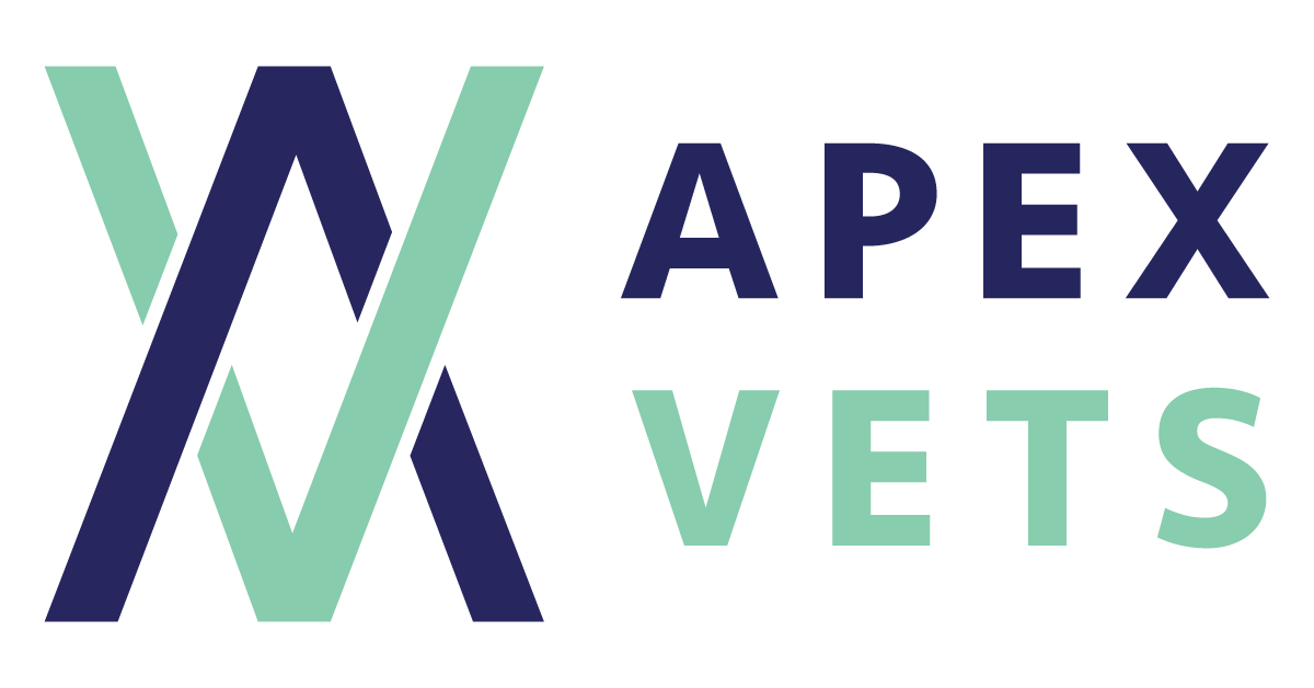 Logo for Apex Vets with a stylized AV emblem on the left and the words APEX and VETS stacked on the right.